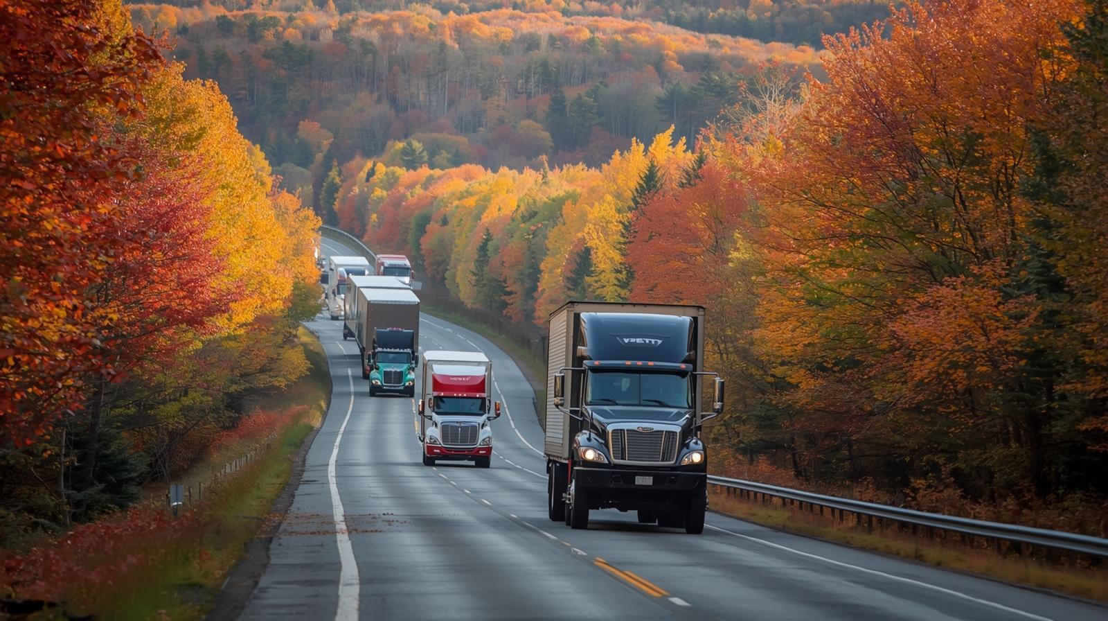 Scenic Vermont highway with car carriers in autumn foliage