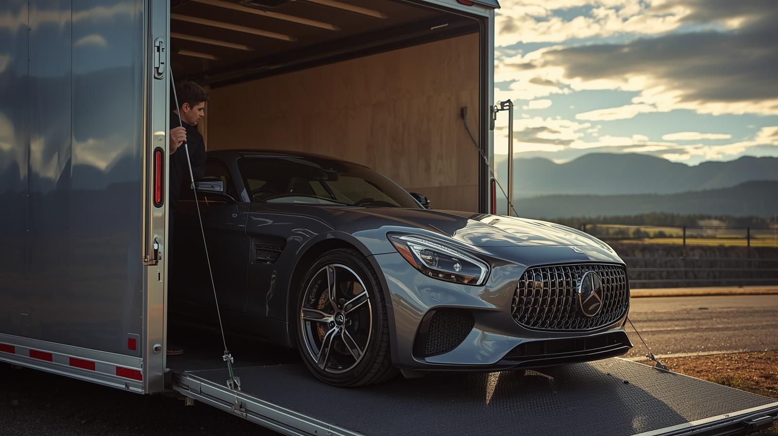 Enclosed auto transport trailer delivering a luxury car in Idaho