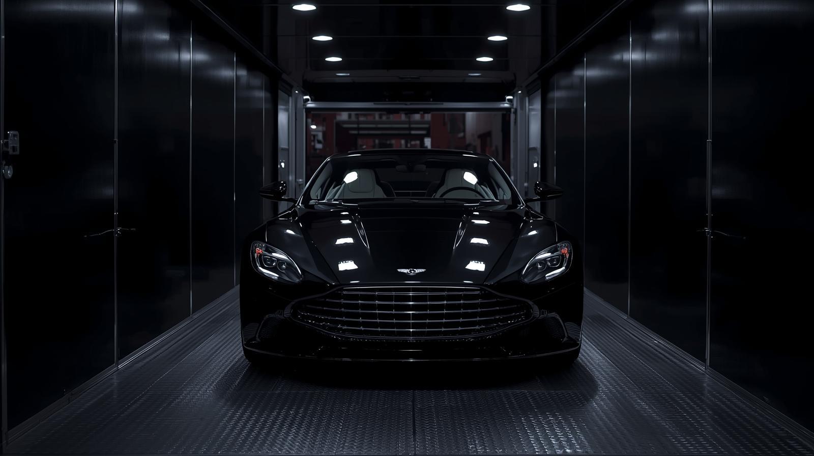 Luxury car inside an enclosed trailer in Minneapolis, high-quality photo