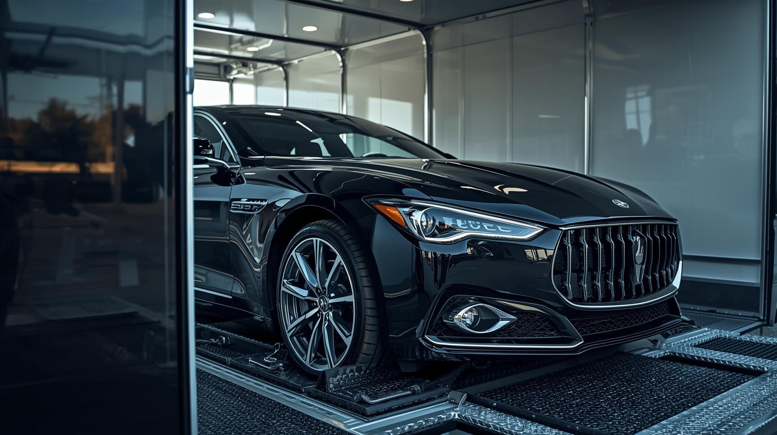 Luxury car inside an enclosed trailer in Mississippi, premium transport service