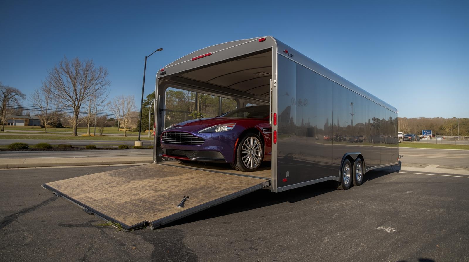 Luxury car inside enclosed trailer in North Carolina