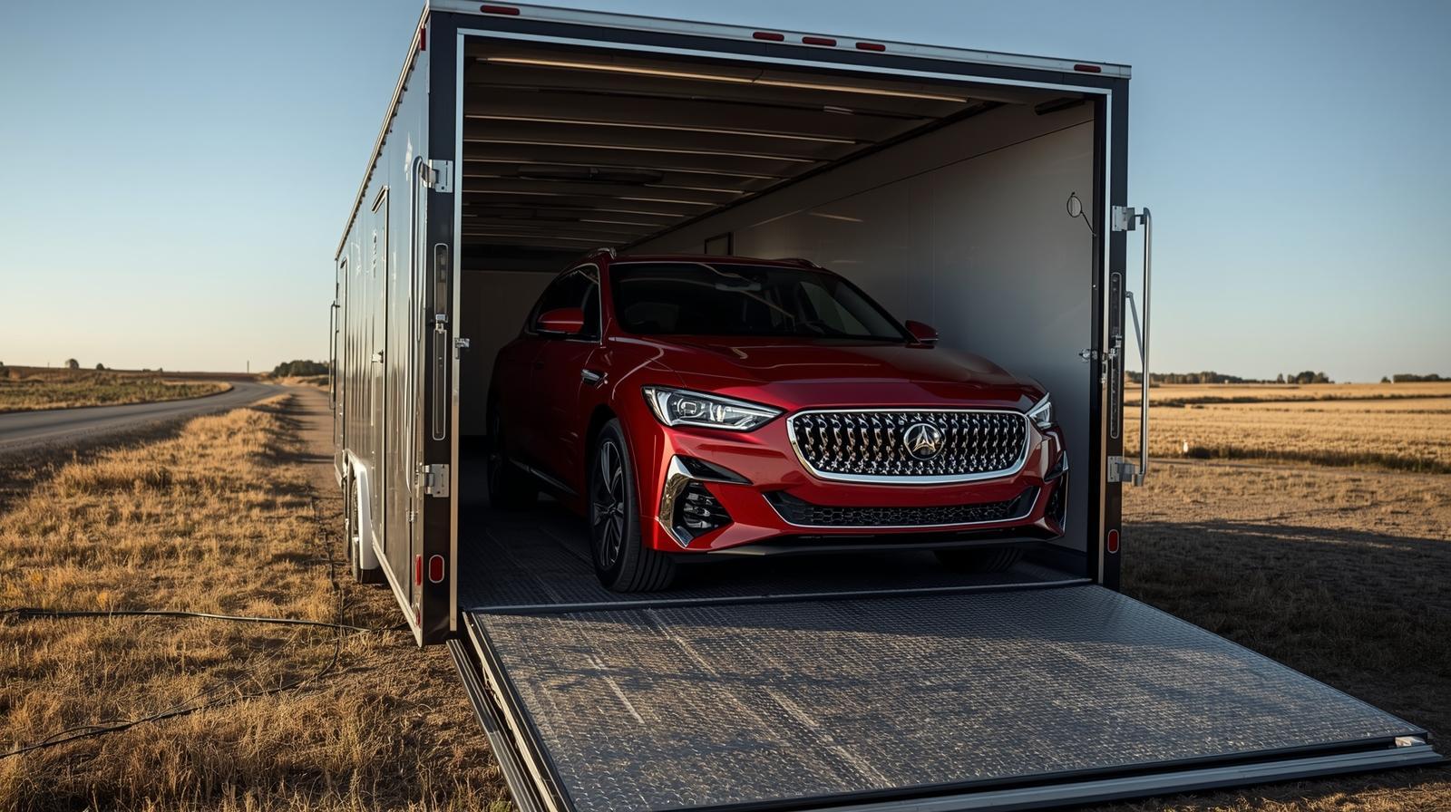Luxury car inside enclosed trailer in North Dakota