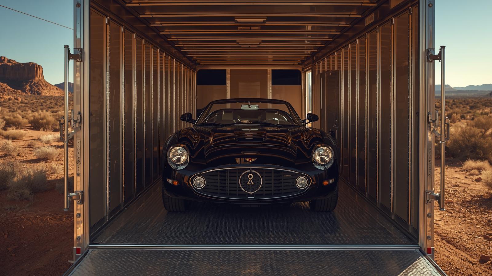Luxury car inside enclosed trailer in New Mexico