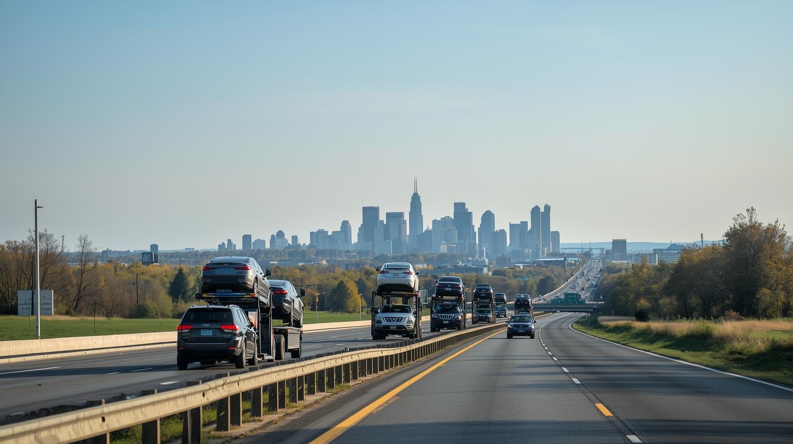 Car carriers driving along Minnesota highways with urban background