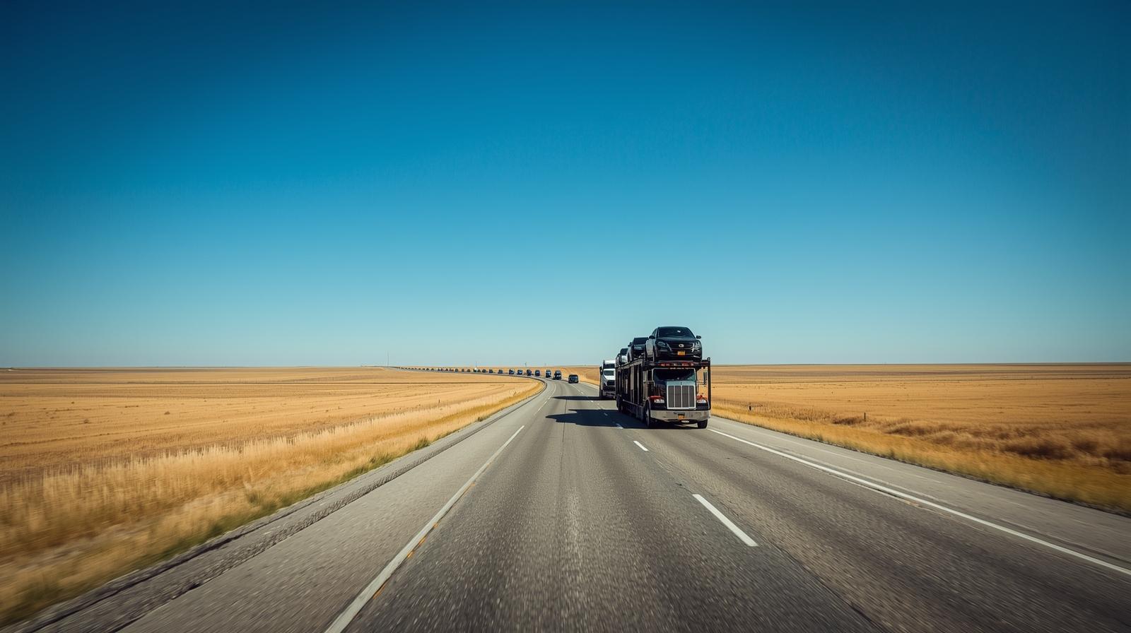 Car carriers driving through North Dakota highways