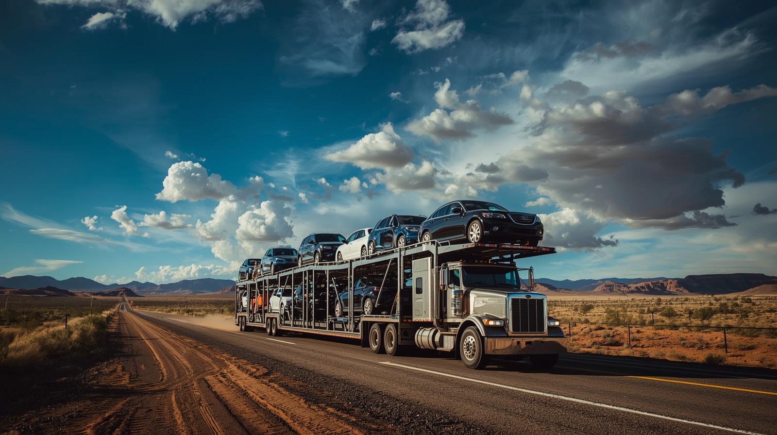 Car carriers driving through New Mexico highways, professional photo