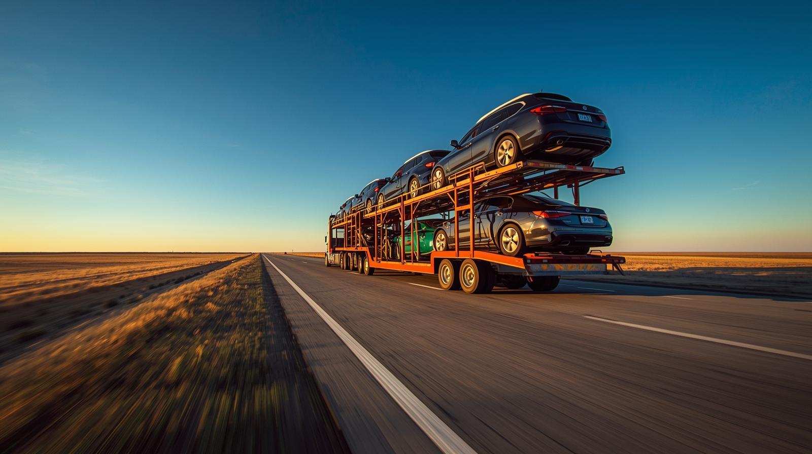 Open car carrier transporting vehicles in Iowa