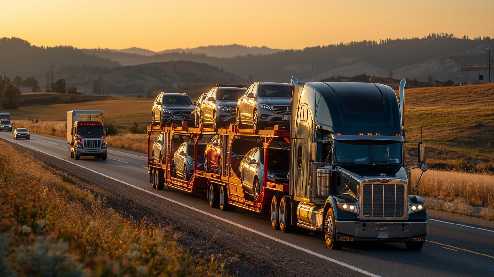 Open car carrier transporting vehicles in Idaho, high-quality image