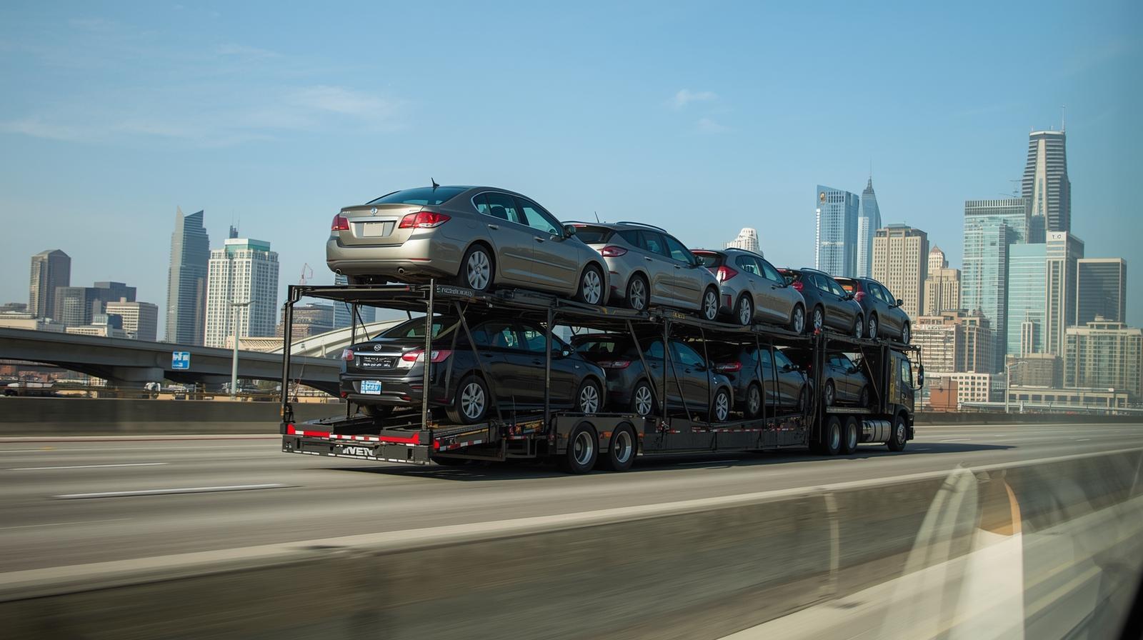 Open car carrier transporting vehicles near Minneapolis cityscape
