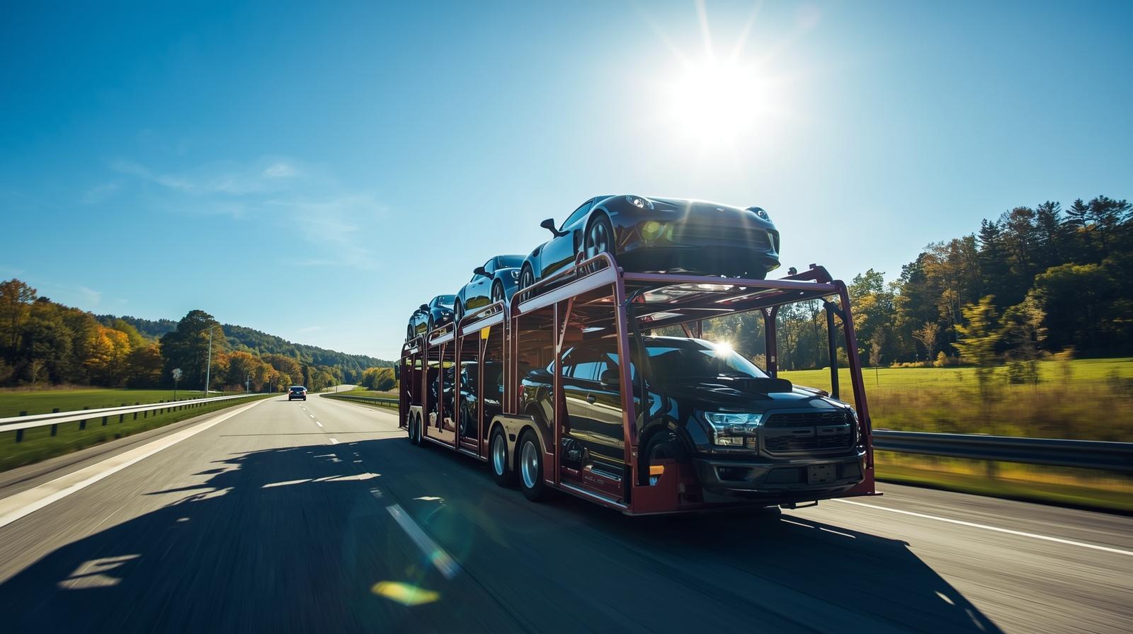 Open car carrier transporting vehicles in North Carolina