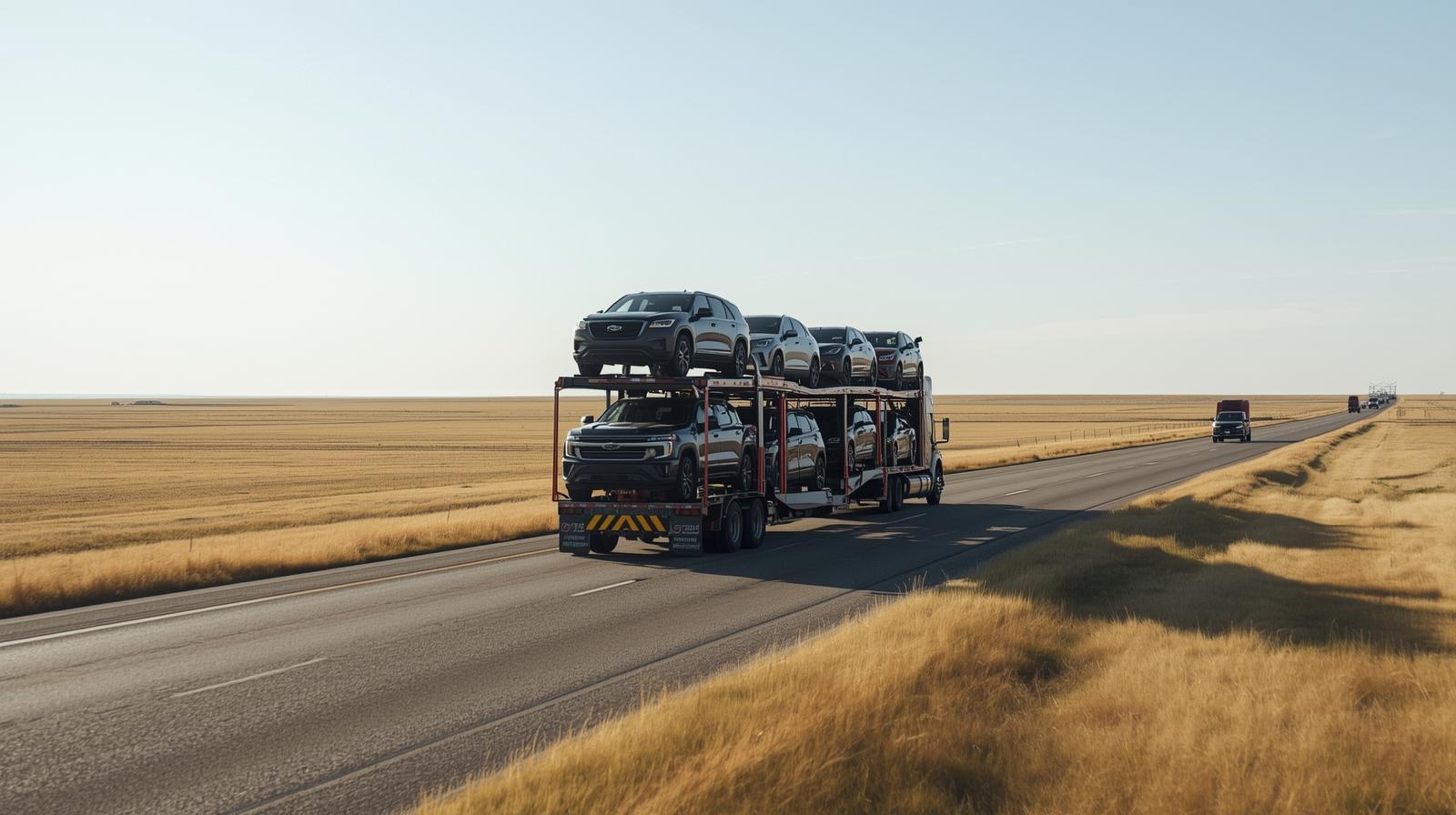Open car carrier transporting vehicles in North Dakota