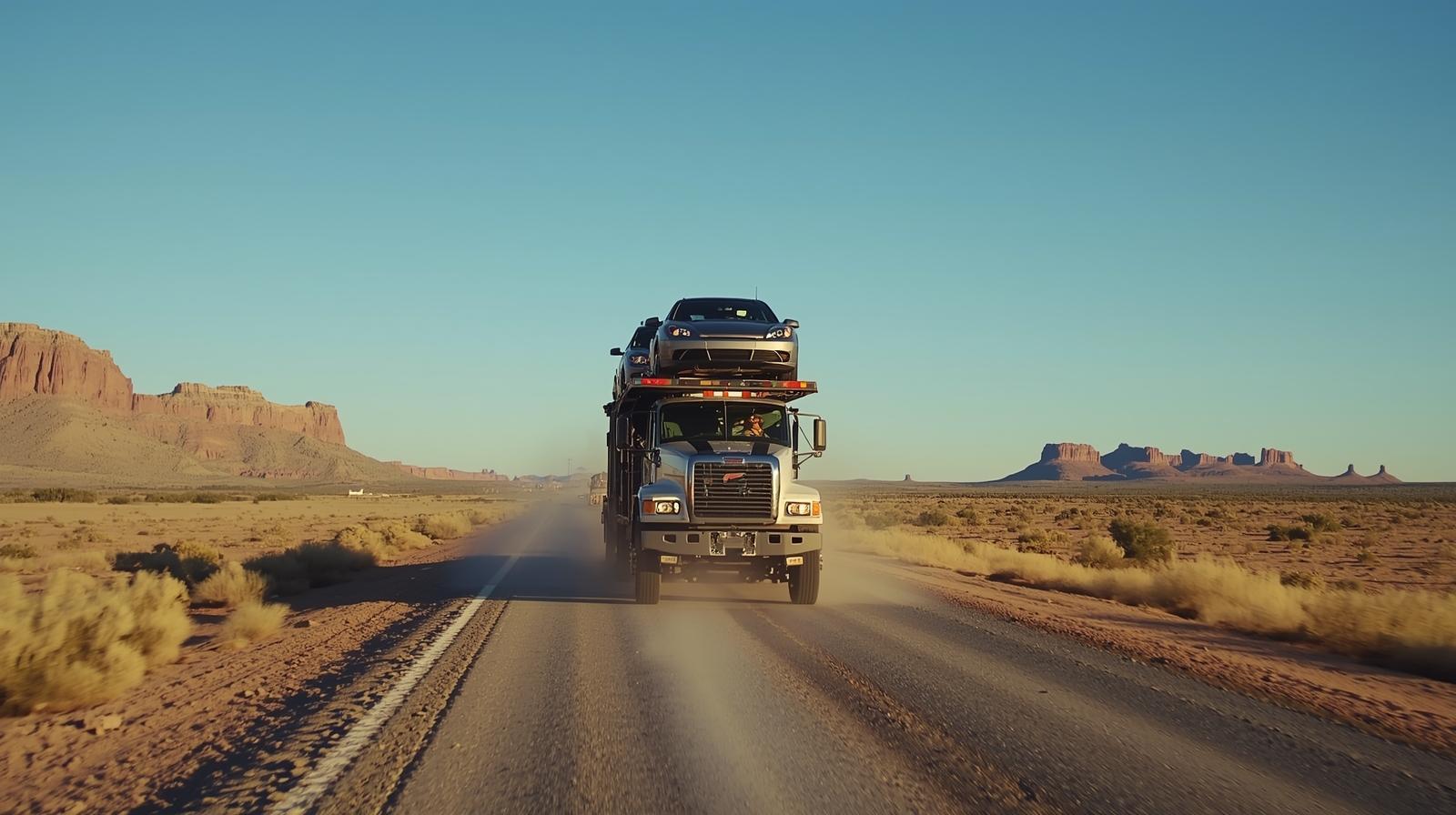 Open car carrier transporting vehicles in New Mexico
