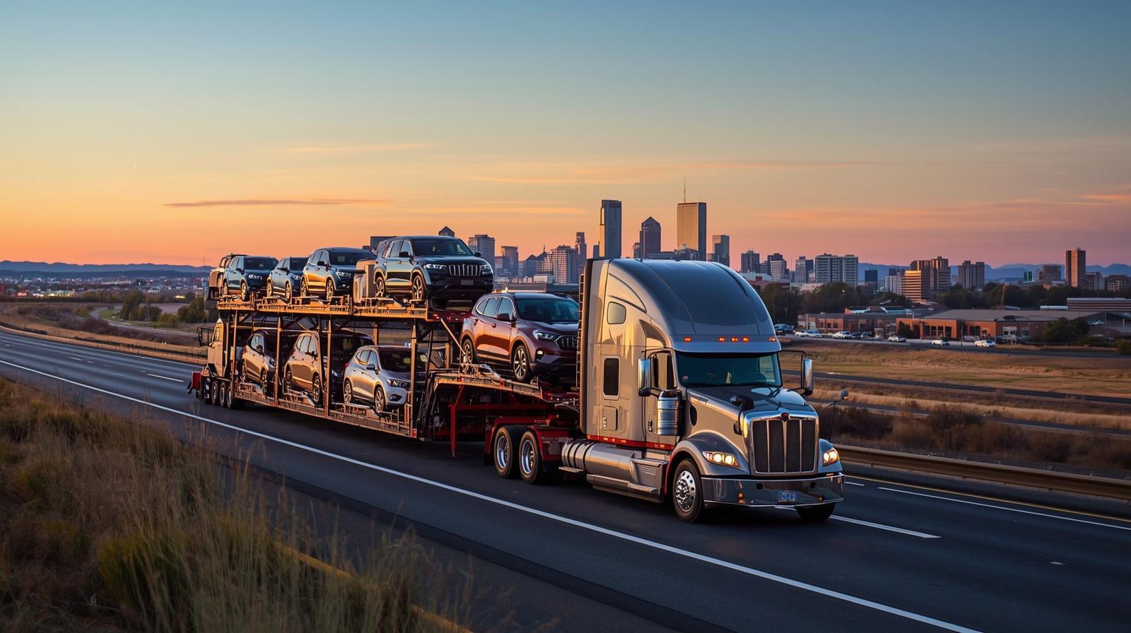 Car transporter truck driving near Salt Lake City skyline, Utah, professional photo