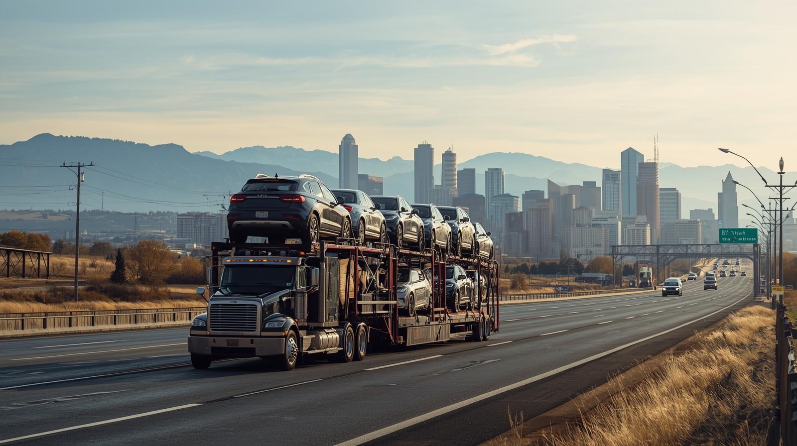 Car carrier truck on I-15 near Salt Lake City, Utah, realistic, high-quality photo