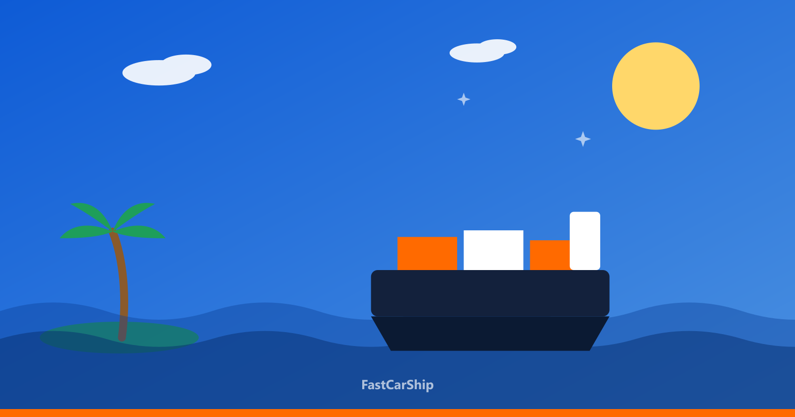 Illustration of a cargo ship carrying a car past a palm island to Puerto Rico
