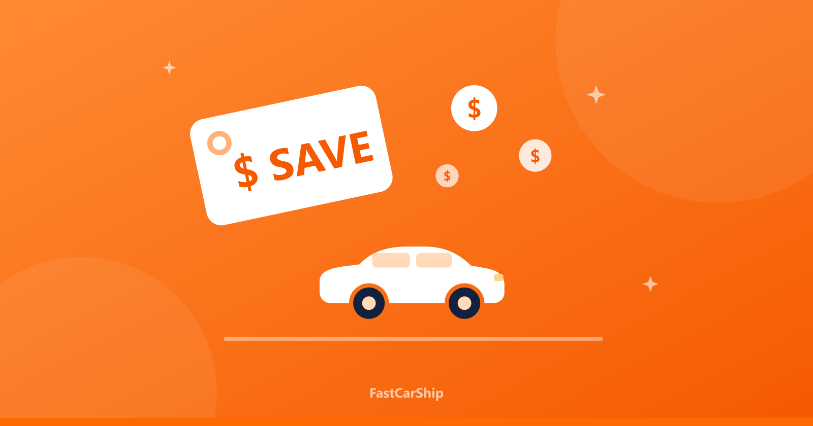 Illustration of saving money on car shipping — price tag, coins and a car