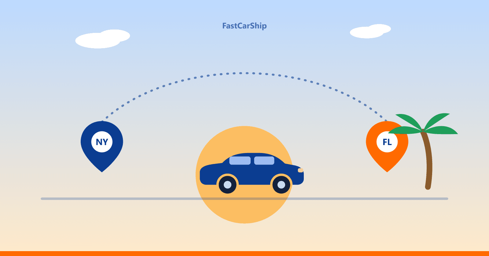Illustration of the New York to Florida snowbird car shipping route with a palm tree