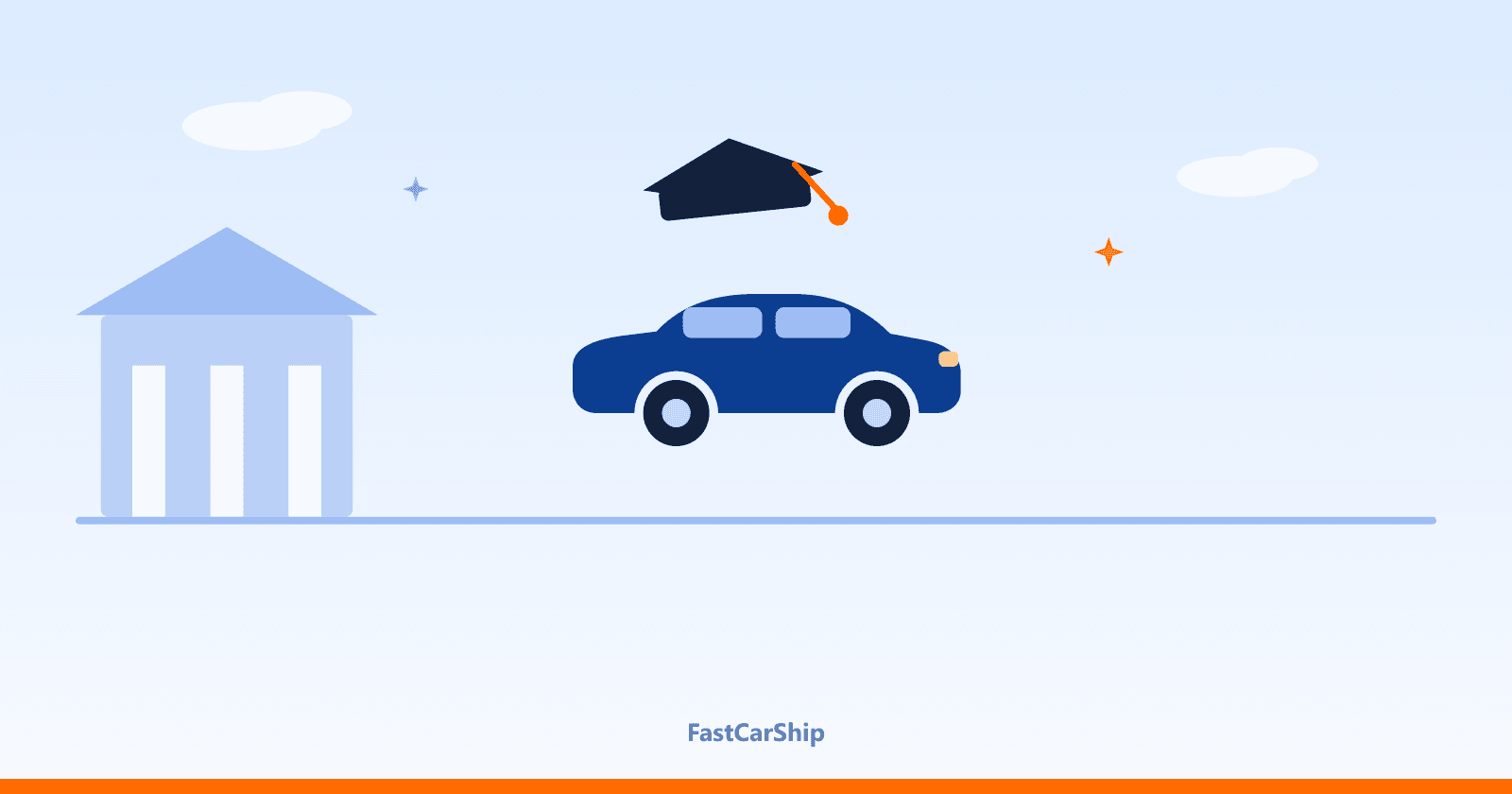 Illustration of a car with a graduation cap near a campus building