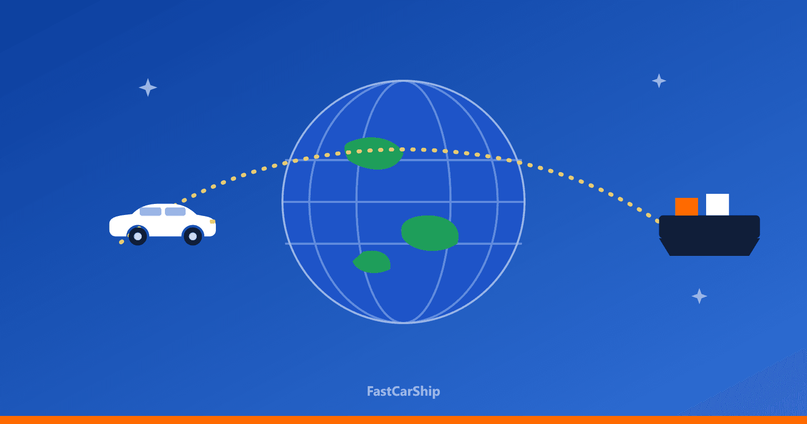 Illustration of a globe with a shipping route arc between a car and a cargo ship